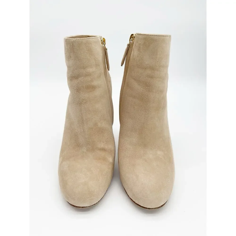 Chanel Coco Tower Beige Suede Quilted Logo Heel Round Toe Ankle Boots EU 37